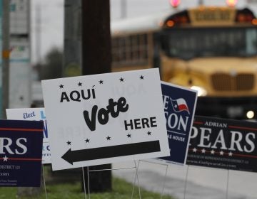 Signs mark a polling site in San Antonio, Texas