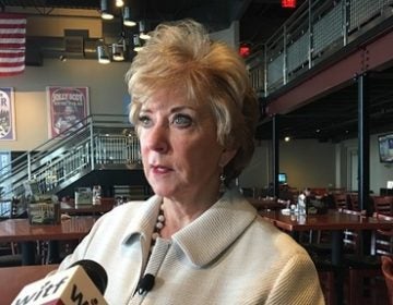 Small Business Administration head Linda McMahon talks to reporters during a visit to the Appalachian Brewing Company in Mechanicsburg. (Katie Meyer/WITF)