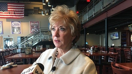 Small Business Administration head Linda McMahon talks to reporters during a visit to the Appalachian Brewing Company in Mechanicsburg. (Katie Meyer/WITF)