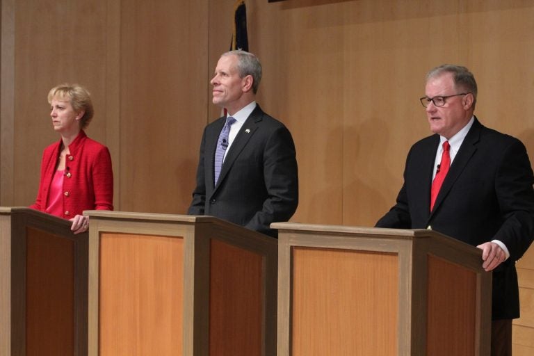 Republican candidates for governor of Pennsylvania (from left), Laura Ellsworth, Paul Mango, and Scott Wagner, participate in a debate at the National Constitution Center. (Emma Lee/WHYY)