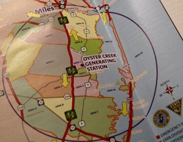 An emergency evacuation pamphlet shows the 10-mile radius around Oyster Creek Generating Station. (Emma Lee/WHYY)