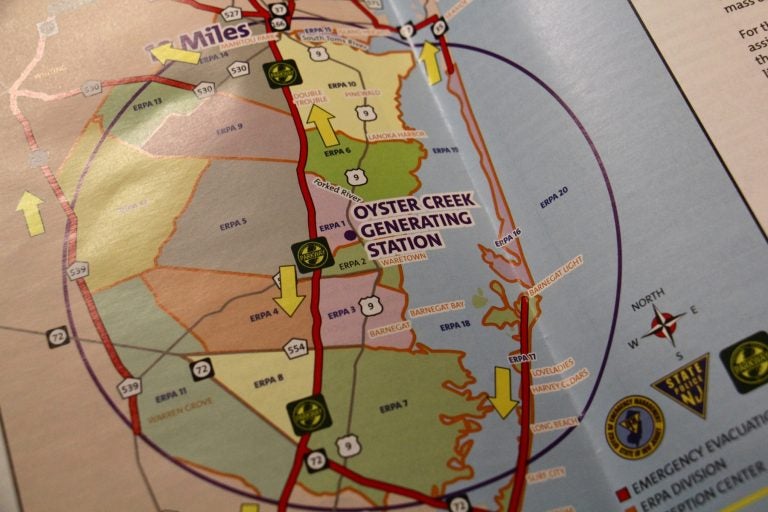 An emergency evacuation pamphlet shows the 10-mile radius around Oyster Creek Generating Station. (Emma Lee/WHYY)