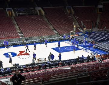 The 76ers practice at Wells Fargo Center in Philadelphia. (Kimberly Paynter/WHYY)