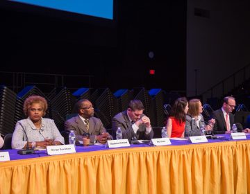 Thirteen of the 14 Democratic candidates for Pennsylvania's newly drawn 5th Congressional District debate at Upper Darby High School.