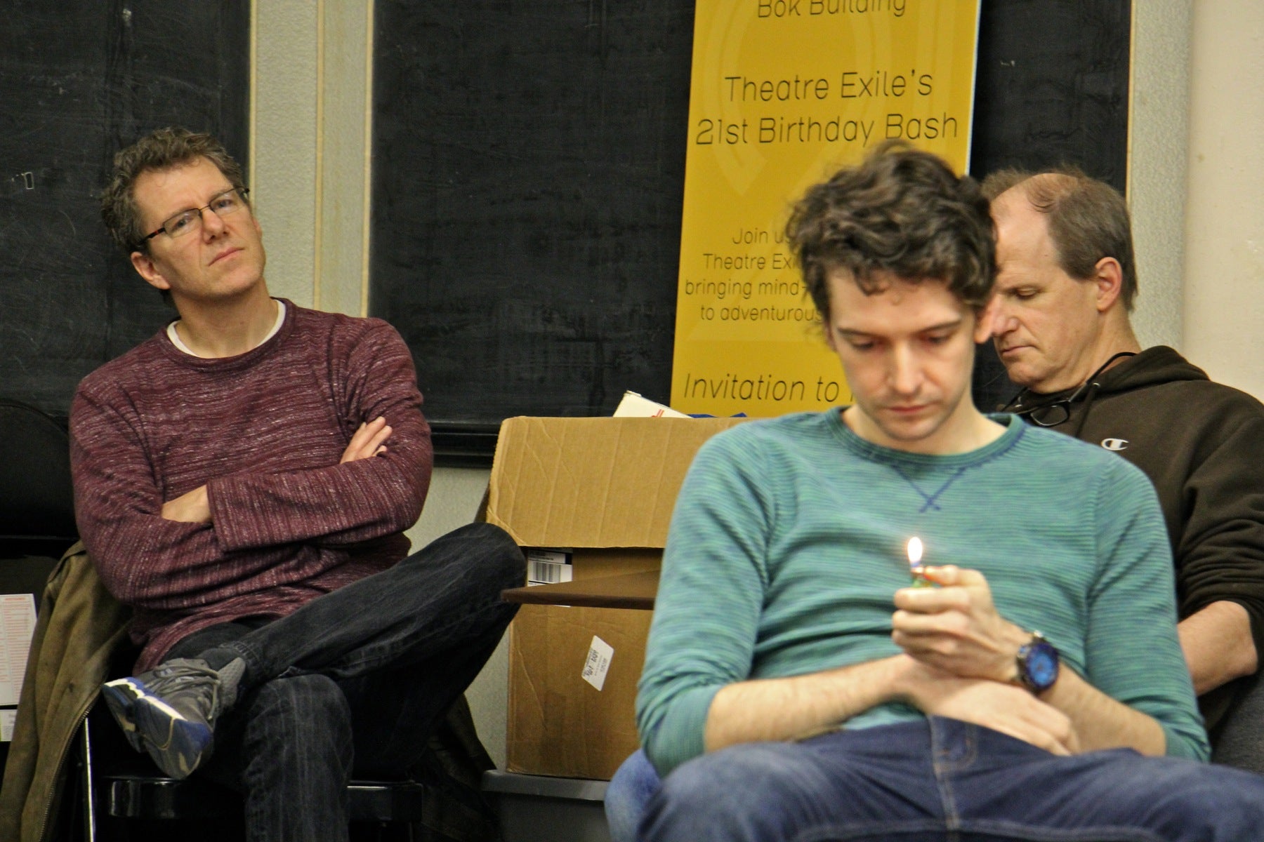 Trevor William Fayle (foreground) portrays Blake, a teenager scarred by the lightning strike that killed his girlfriend, in Michael Hollinger's (left) "Sing the Body Electric," being staged by Theatre Exile. 