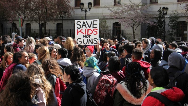 Hundreds of students fill the courtyard at Philadelphia City Hall to protest gun violence. (Emma Lee/WHYY)