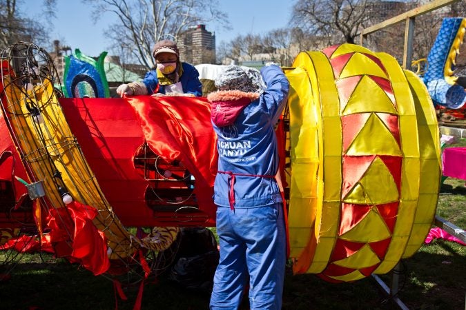 Twenty Chinese artisans spent a month creating the wire and silk structures, then painting them. (Kimberly Paynter/WHYY)