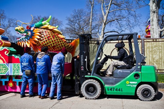 Twenty Chinese artisans spent a month creating the wire and silk structures, then painting them. (Kimberly Paynter/WHYY)