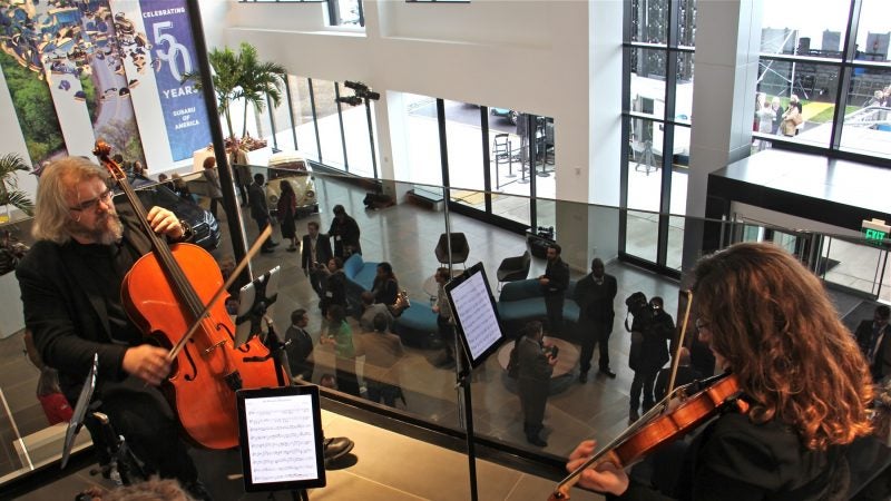 The Symphony in C String Quartet performs at the grand opening of the Subaru of America headquarters in Camden. (Emma Lee/WHYY)