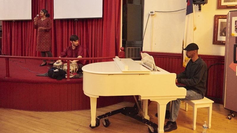 Meghna Chandra sings accompanied by percussionist Vincent Kelley and pianist Ali Richardson. (Natalie Piserchio for WHYY)