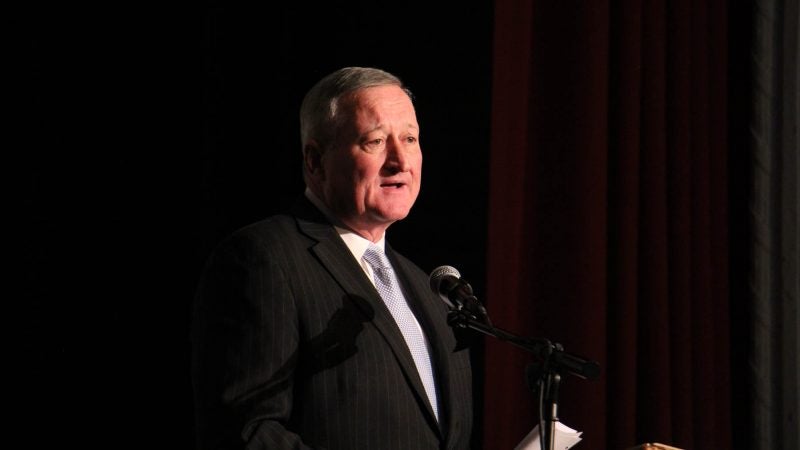 Philadelphia Mayor Jim Kenney addresses an assembly at Mastery Shoemaker charter school. (Emma Lee/WHYY)