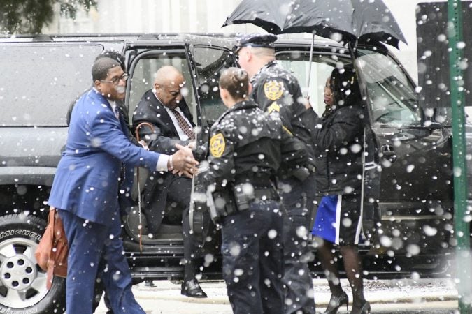 Bill Cosby arrives at the Montgomery County Courthouse in Norristown, Pa. on Monday, April 2, ahead of jury selection for his upcoming sexual assault retrial. (Bastiaan Slabbers/ for WHYY)