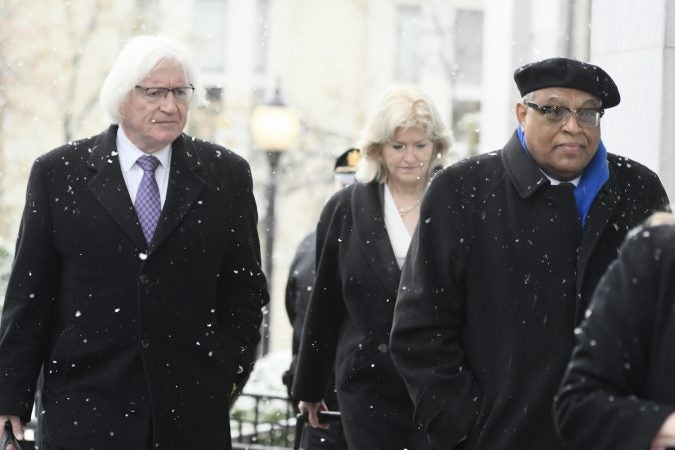 Bill Cosby's legal defense team, including attorneys Tom Mesereau and Kathleen Bliss, arrive at the Courthouse in Norristown, PA on Monday, April 2, 2018. (Bastiaan Slabbers for WHYY)