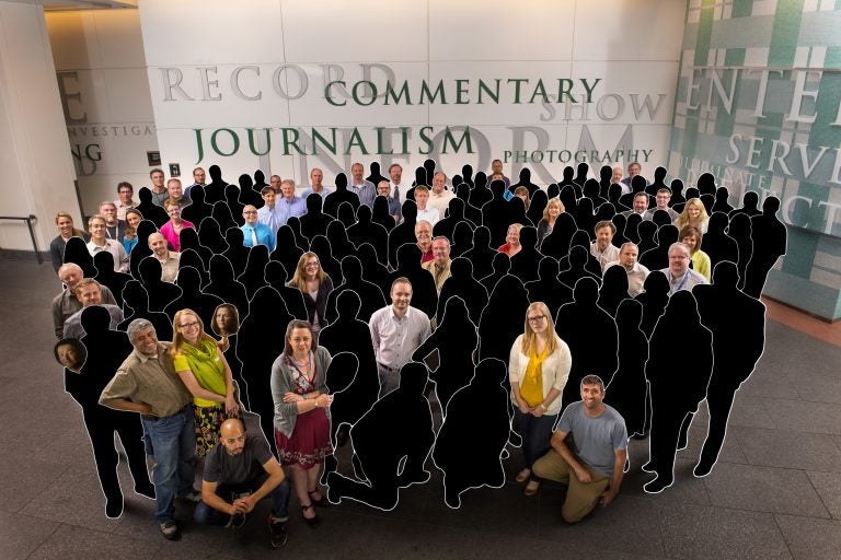 In May 2013, 142 newsroom employees of The Denver Post posed for a photo after the newspaper won a Pulitzer Prize for its coverage of the Aurora theater shooting in 2012. This illustration shows the original staff members who remain in April 2018.