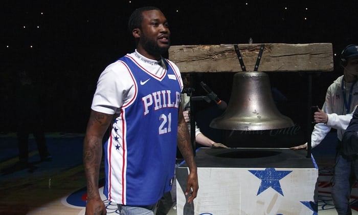 Rapper Meek Mill comes out to ring the ceremonial Liberty Bell replica before Tuesday’s first-round NBA playoff game in Philadelphia Tuesday night. (Chris Szagola/AP)