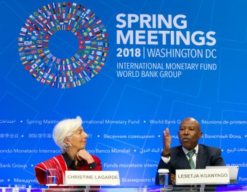 International Monetary Fund (IMF) Managing Director Christine Lagarde accompanied by International Monetary and Financial Committee (IMFC) Chair and South Africa's Reserve Bank Governor Lesetja Kganyagothey speaks during a news conference after the IMFC conference at the World Bank/IMF Spring Meetings, in Washington, Saturday, April 21, 2018. (Jose Luis Magana/AP Photo)