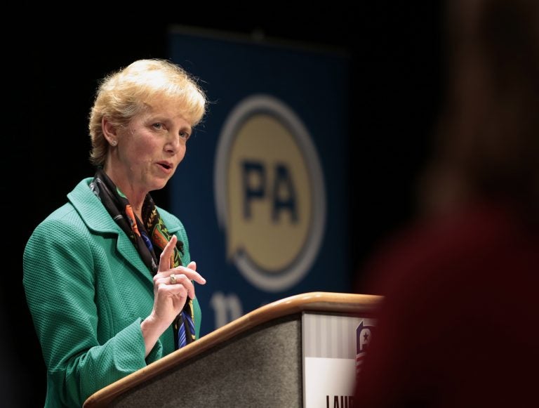 Laura Ellsworth, a lawyer from suburban Pittsburgh and a first-time candidate, answers questions from the panel during a debate between Republican Gubernatorial candidates at Harrisburg Area Community College in Harrisburg, Pa., Thursday, March 1, 2018. (AP Photo/Chris Knight)