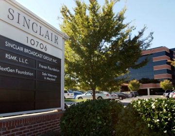 In this Tuesday, Oct. 12, 2004, file photo, Sinclair Broadcast Group, Inc.'s headquarters stands in Hunt Valley, Md. President Trump is jumping to the defense of the Sinclair Broadcast Group, which is under fire following the rapid spread of a video showing anchors at its stations across the country reading a script criticizing 