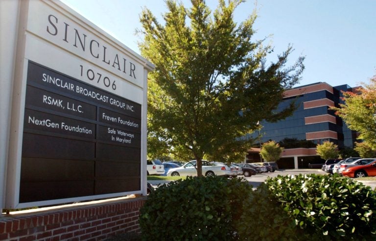 In this Tuesday, Oct. 12, 2004, file photo, Sinclair Broadcast Group, Inc.'s headquarters stands in Hunt Valley, Md. President Trump is jumping to the defense of the Sinclair Broadcast Group, which is under fire following the rapid spread of a video showing anchors at its stations across the country reading a script criticizing 