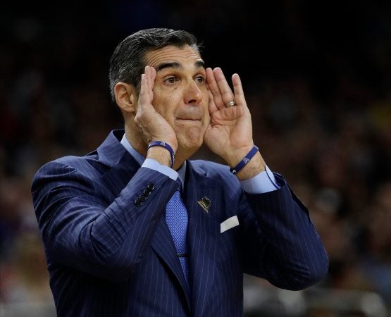 Villanova head coach Jay Wright directs his team during the first half in the championship game of the Final Four NCAA college basketball tournament against Michigan, Monday, April 2, 2018, in San Antonio. (AP Photo/David J. Phillip)