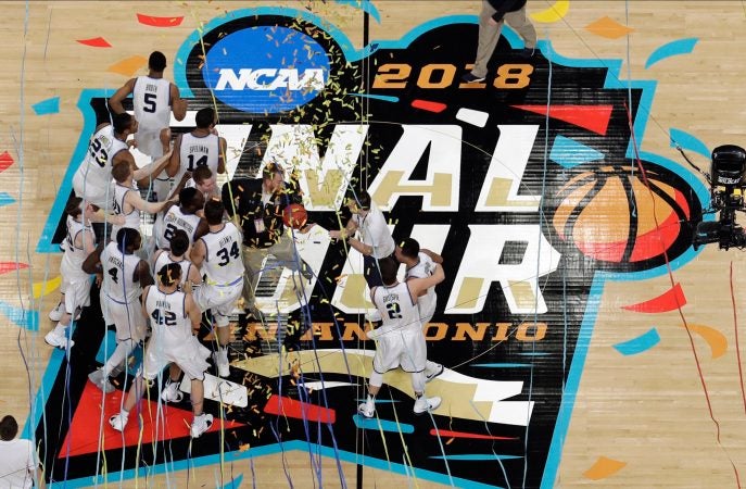 Villanova players celebrate after the championship game of the Final Four NCAA college basketball tournament against Michigan, Monday, April 2, 2018, in San Antonio. Villanova won 79-62. (AP Photo/Morry Gash)