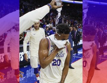 Philadelphia 76ers' Markelle Fultz gets doused by water after the team's NBA basketball game against the Milwaukee Bucks, Wednesday, April 11, 2018, in Philadelphia. The 76ers won 130-95.