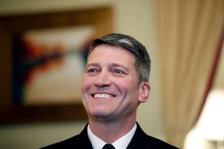 U.S. Navy Rear Admiral Ronny Jackson, M.D., sits with Sen. Johnny Isakson, R-Ga., chairman of the Veteran's Affairs Committee, before their meeting on Capitol Hill, Monday, April 16, 2018 in Washington.