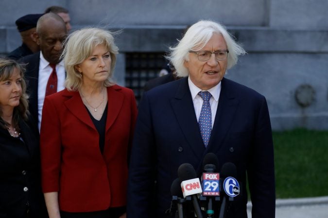 Attorneys Tom Mesereau, (right), and Kathleen Bliss talk to the media after Bill Cosby's sexual assault trial, Thursday, April 26, 2018, at the Montgomery County Courthouse in Norristown, Pa. (Matt Slocum/AP Photo)