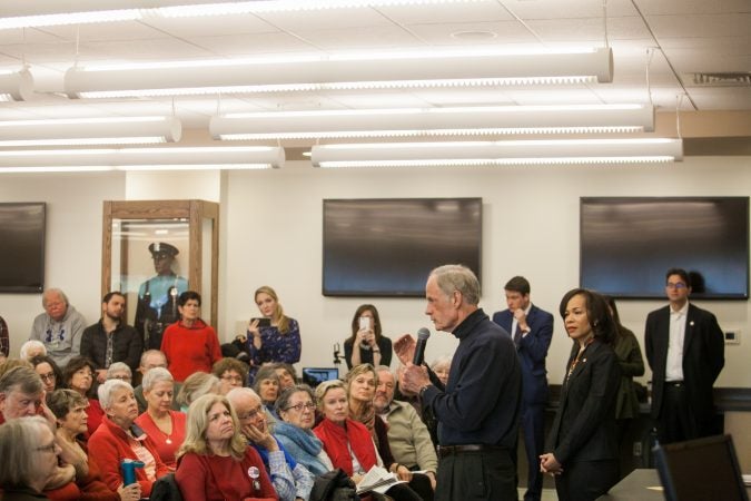 U.S Sen. Tom Carper and U.S Rep. Lisa Blunt Rochester (both D-Del.) lead a town hall on guns and gun violence in New Castle, Del., Saturday morning. (Brad Larrison for WHYY)