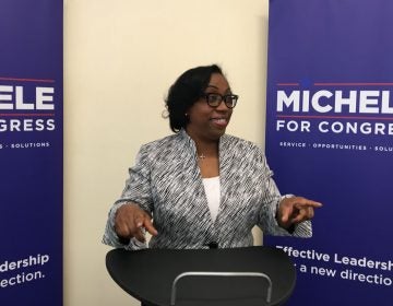 Congressional candidate Michele Lawrence speaks to supporters at her campaign headquarters. (Dave Davies/WHYY)