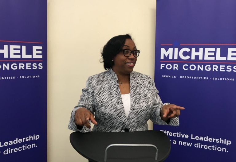 Congressional candidate Michele Lawrence speaks to supporters at her campaign headquarters. (Dave Davies/WHYY)