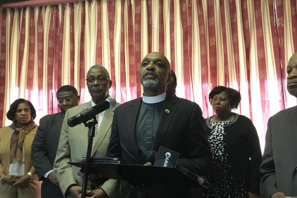 Rev. Jay Broadnax, president of the Black Clergy of Philadelphia and Vicinity announces the group’s Congressional endorsements.