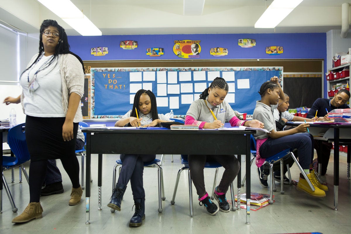 Timeeka Benjamin (left) replaced Nate Higgins as Wister's fifth-grade math teacher. (Jessica Kourkounis/WHYY)