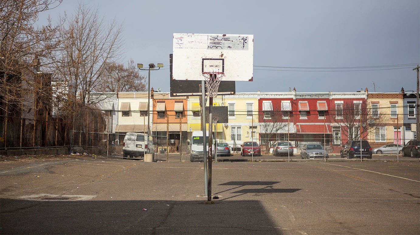 The schoolyard of Strawberry Mansion's Blaine Elementary School, which Jovan attended as a child. (Jessica Kourkounis/WHYY)