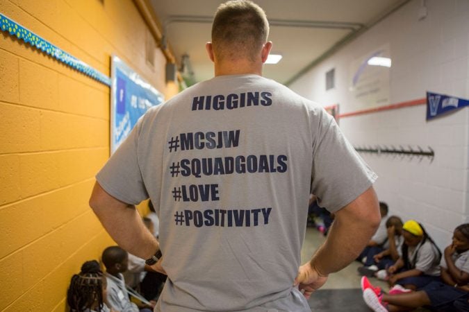 Nate Higgins sporting a custom-made Mastery at Wister t-shirt. (Jessica Kourkounis/WHYY)