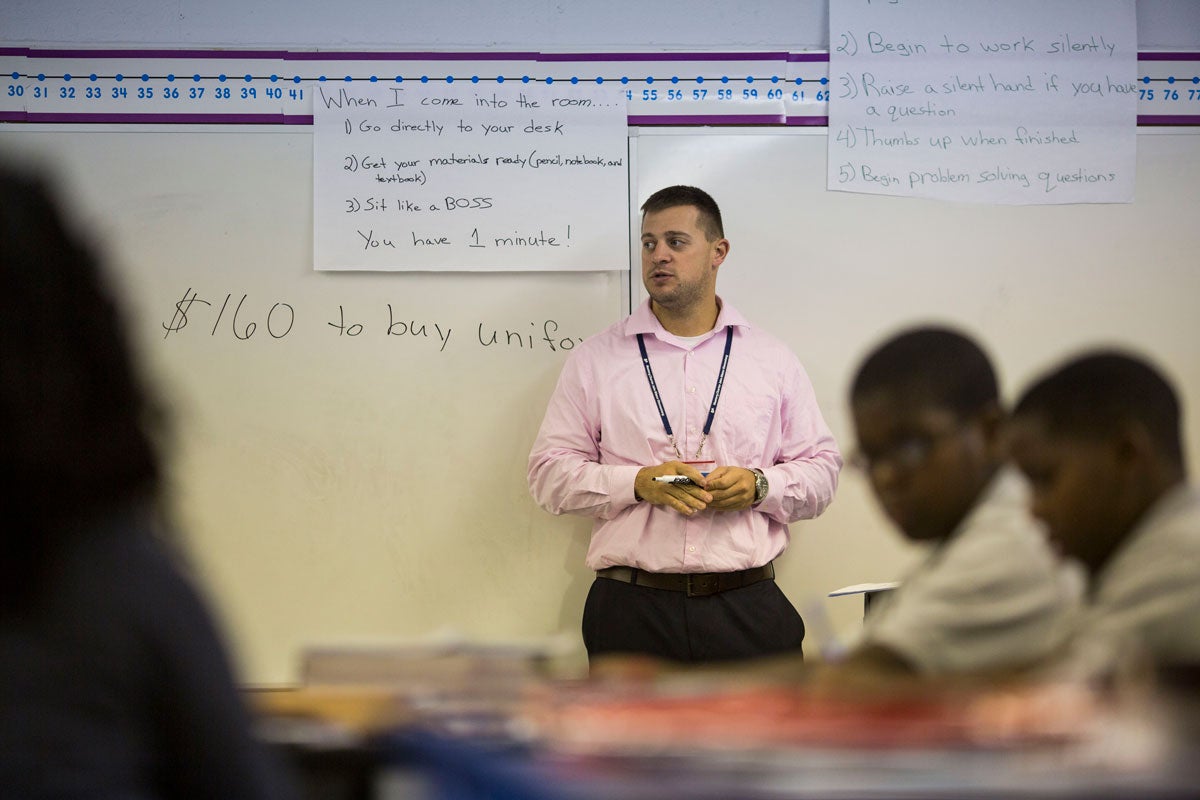 Nate Higgins, who left a career in financial planning, became Wister's fifth-grade math teacher for the 2016-17 school year. (Jessica Kourkounis/WHYY)