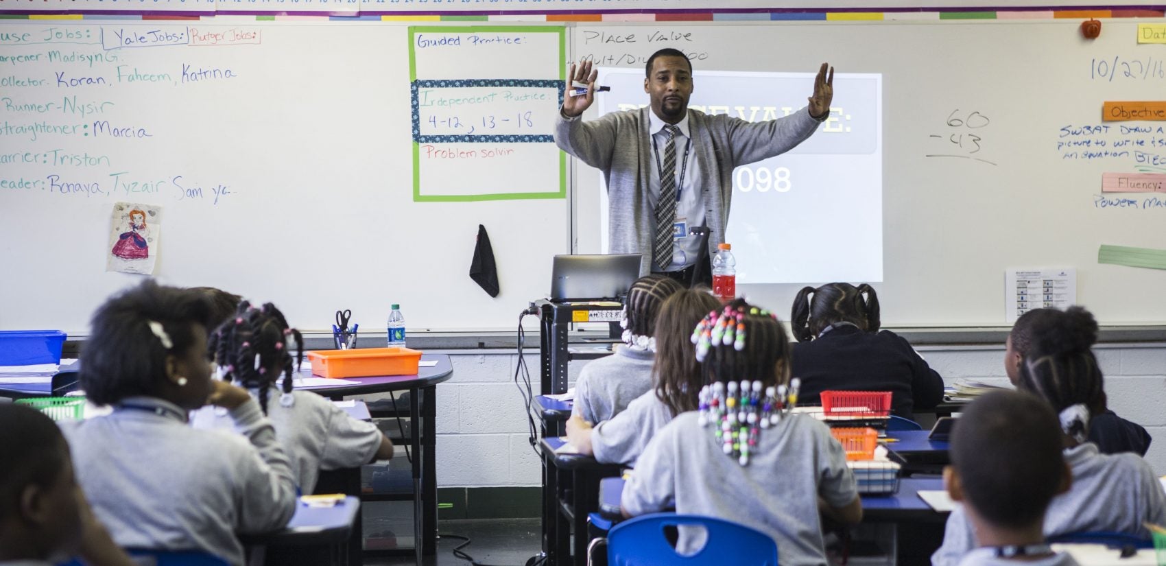 Jovan, who started his career in education as a math teacher, took over the fourth-grade math class for a struggling teacher. (Jessica Kourkounis/WHYY)