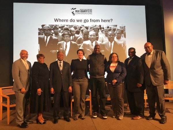 From left, Rev. Steven Lawrence and Rev. Marsha Woodard of NewCORE; panelists Rev. J. Wendell Mapson, Rev Abbey Tennis, Asa Khalif and Nijme Dzurinko, and Rev. Charles McNeil and Rev. Malcom Byrd of NewCORE. (Sandra Clark/WHYY)