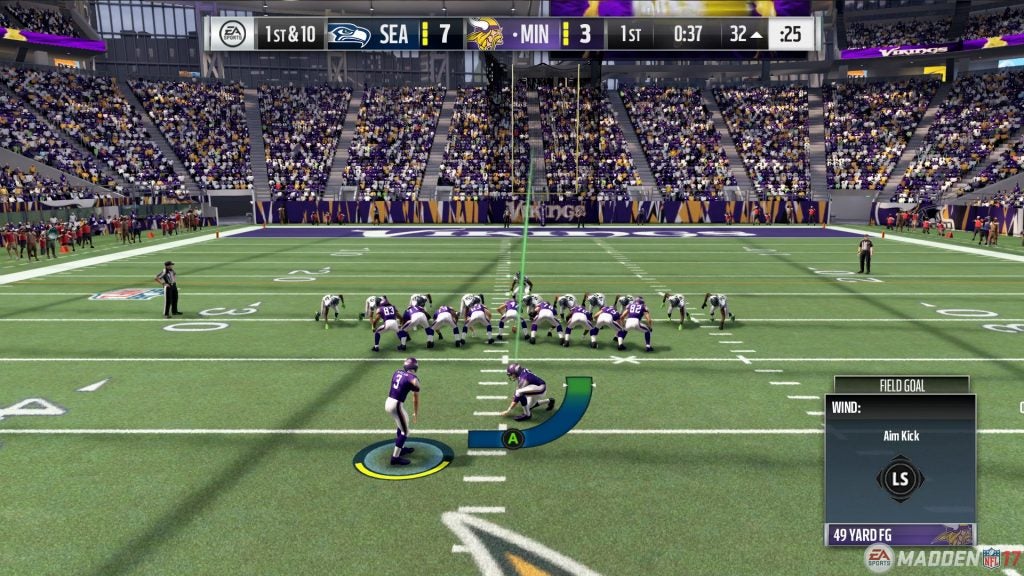When you have to kick the ball in the football game Madden NFL, you have to aim your kick. That's hard to do if you can't see the screen, so programmers at EA added several vibration cues to the game controller. Courtesy of Electronic Arts Inc