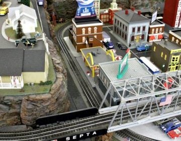 Model train displays on display at SEPTA's gift shop