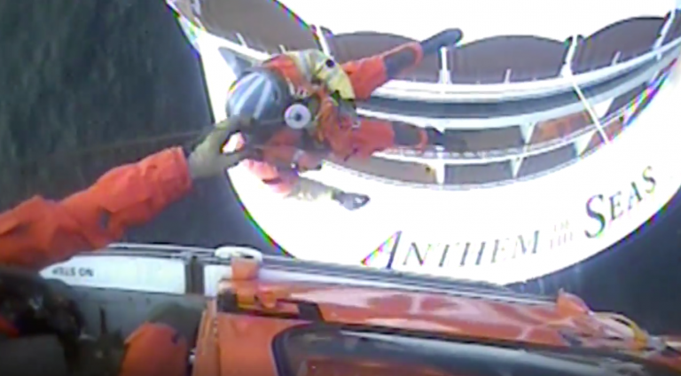 A Coast Guard aircrew medevacs an ailing man from a cruise ship about 51 miles east of Ocean City, New Jersey, Friday, April 27, 2018. (U.S. Coast Guard video by Air Station Atlantic City/Released)