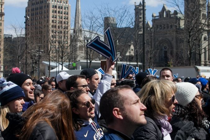 Thousands gathered around City Hall at the end of the parade route for the NCAA Champion Villanova WIldcats Thursday morning. (Brad Larrison for WHYY)