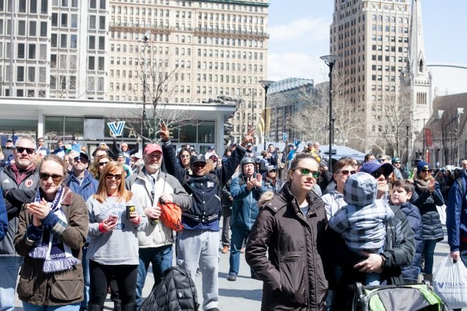 Thousands gathered around City Hall at the end of the parade route for the NCAA Champion Villanova WIldcats Thursday morning. (Brad Larrison for WHYY)