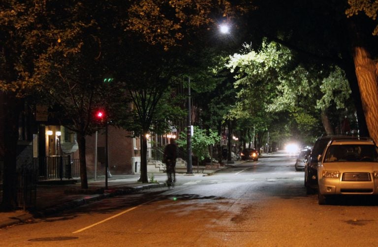 LED lighting in the background vs high-pressure sodium lighting in the foreground on Spruce Street.