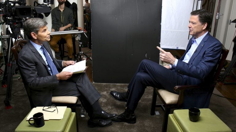 In this image released by ABC News, correspondent George Stephanopoulos, left, appears with former FBI director James Comey for a taped interview that aired during a primetime 20/20 special on Sunday.