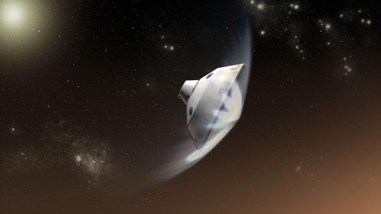 The heat shield is designed to protect the Mars 2020 mission in the initial stages of its descent and landing. (NASA/JPL-Caltech)