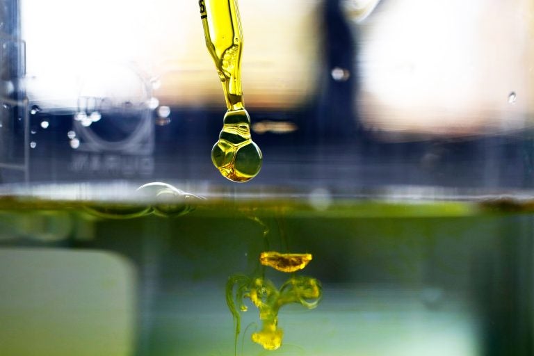 A sample of cannabidiol (CBD) oil is dropped into water. Supplements containing the marijuana extract are popular and widely sold as remedies for a variety of ailments and aches. But scientific evidence that they work hasn't yet caught up for most applications, researchers say. (Stefan Wermuth/Bloomberg Creative Photos/Getty Images)