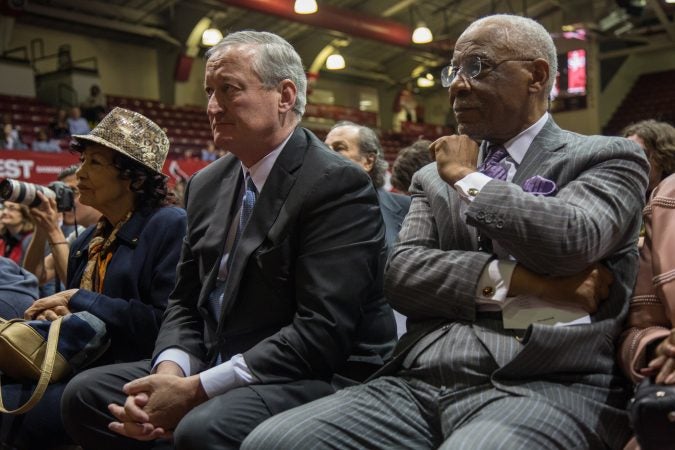 Philadelphia mayor, Jim Kenney, sits next to former Philadelphia mayor, Wilson Goode, as they listen to Rep. John Lewish talk about his life as a civil rights activist which began alongside Martin Luther King Jr.