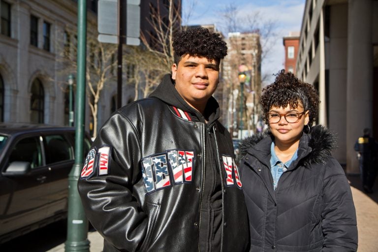 Puerto Rican evacuees Crisjoel Morales Monet, 17, and Judy Morales Monet, 16, are staying at the Holiday Inn Express in Center City with their mom and oldest brother Friday April 20th. They still don't know where to go next. (Kimberly Paynter/WHYY)