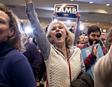 Supporters cheer at an election night rally in Canonsburg, Pa., for Democrat Conor Lamb, whose victory got a boost from suburban voters.
(Bloomberg via Getty Images)